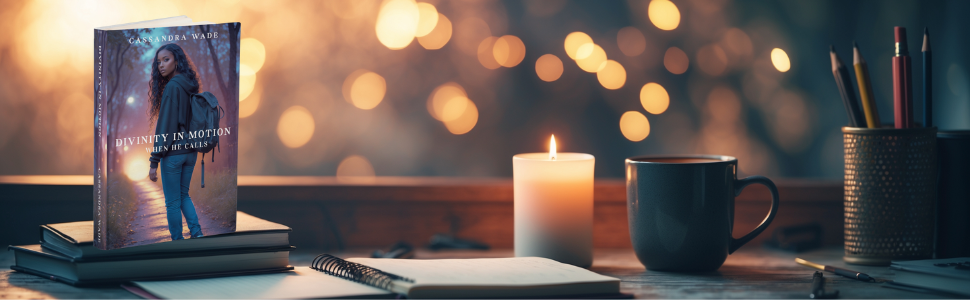 Book titled 'Mistress of Myself' with a candle and mug on a table, blurred lights in the background