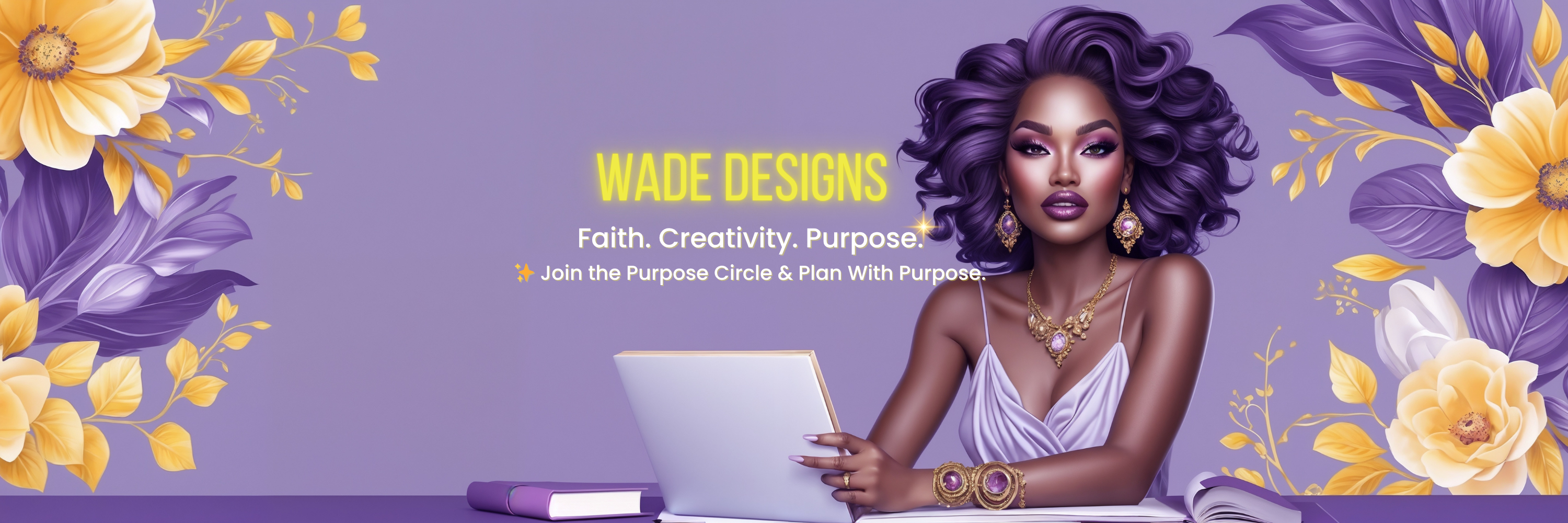Wade Designs homepage banner featuring an elegant woman with purple hair surrounded by golden and lavender flowers, promoting faith, creativity, and purpose.