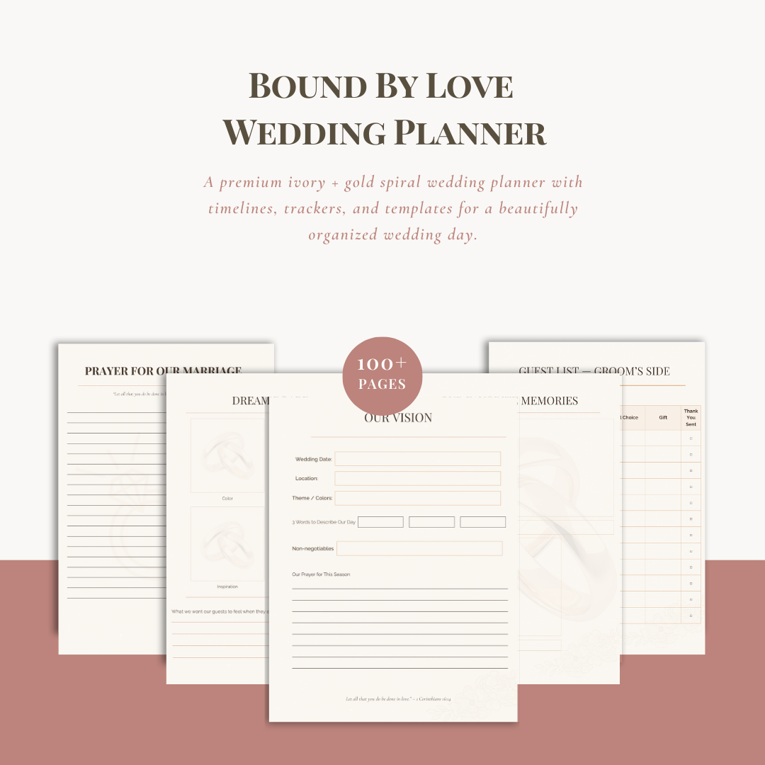 Wedding planner with pages displayed on a white background