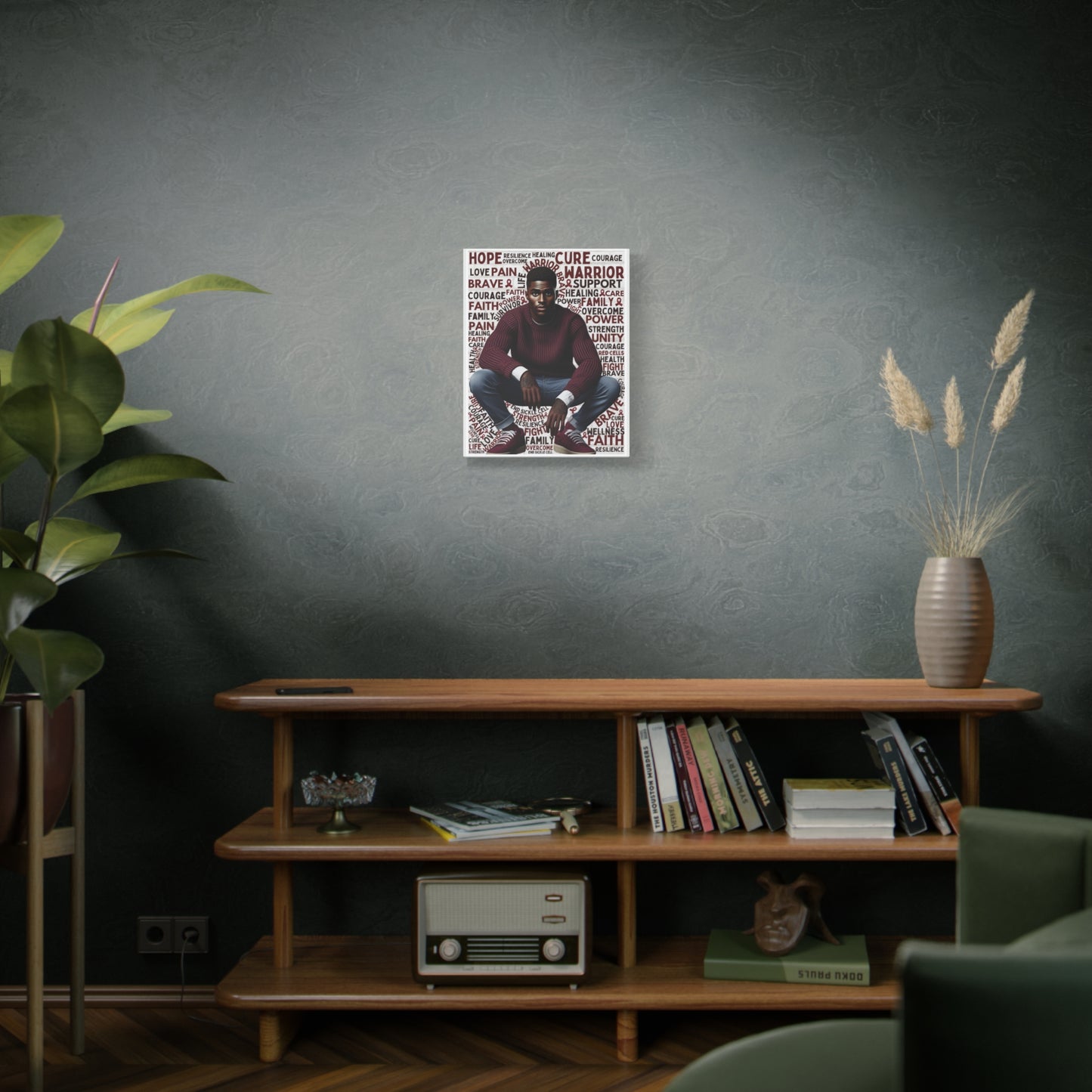 Room interior with a shelf, books, and a plant against a dark wall with a framed poster.