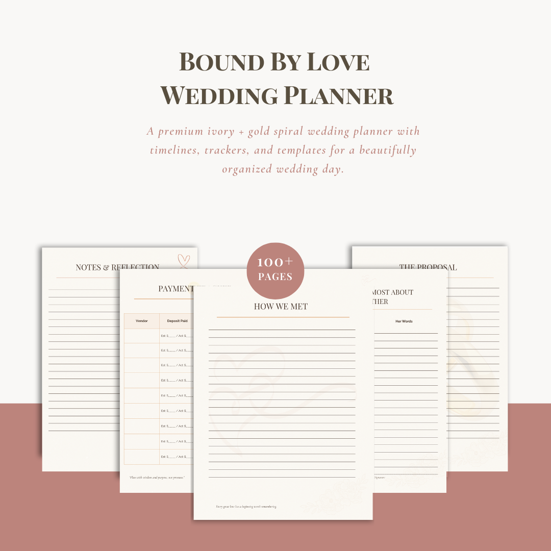 Wedding planner with pages displayed on a white background