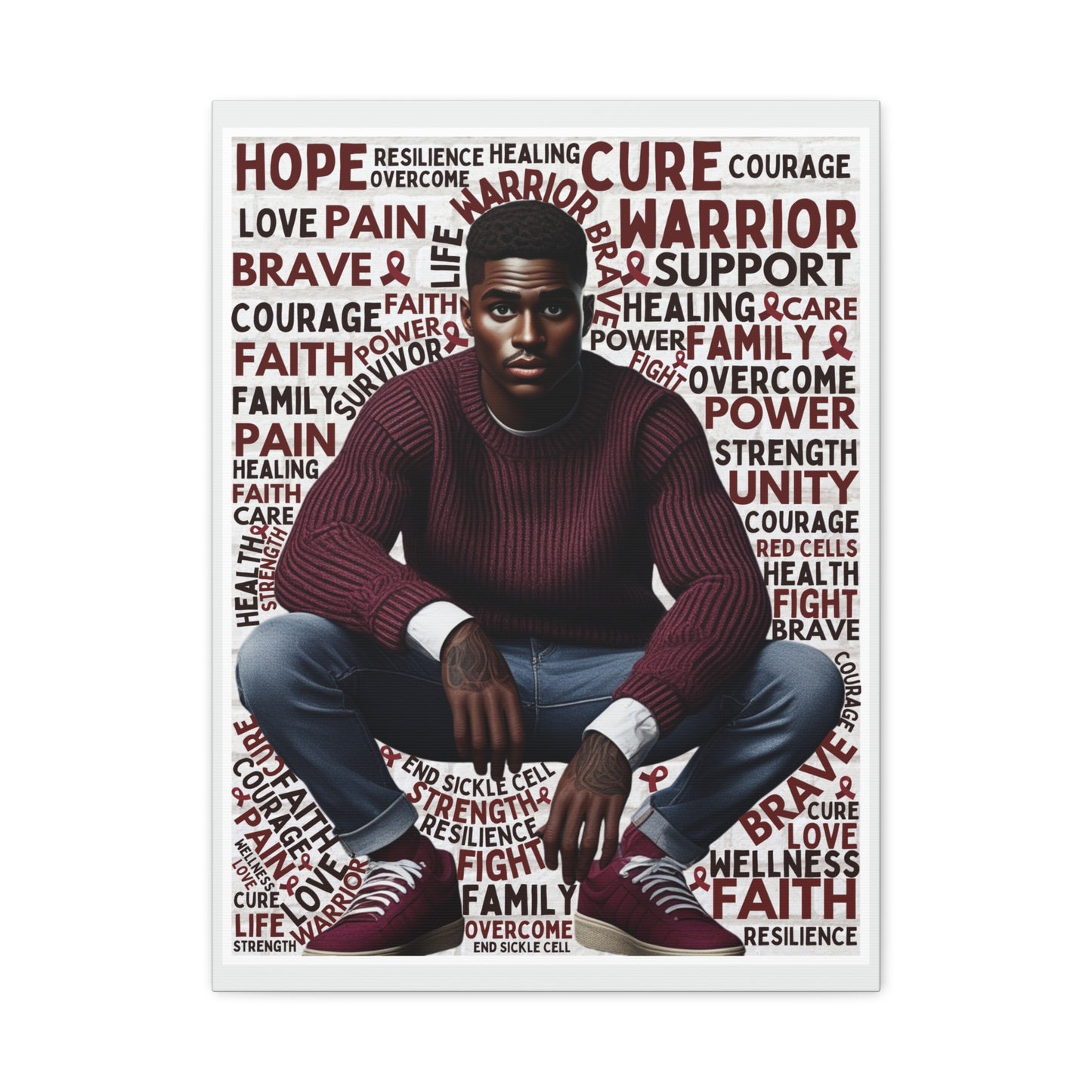 Man sitting on a couch with motivational词语墙