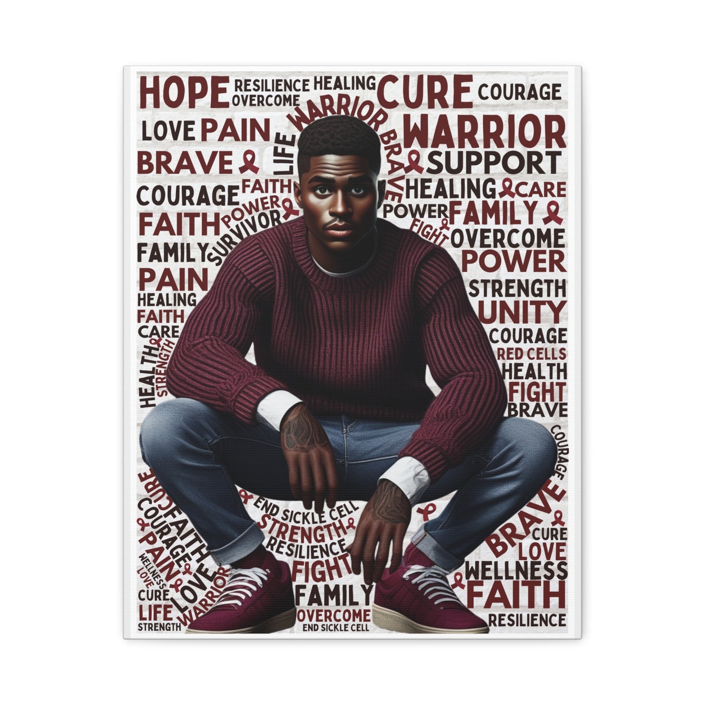 Man sitting with motivational words around him on a white background