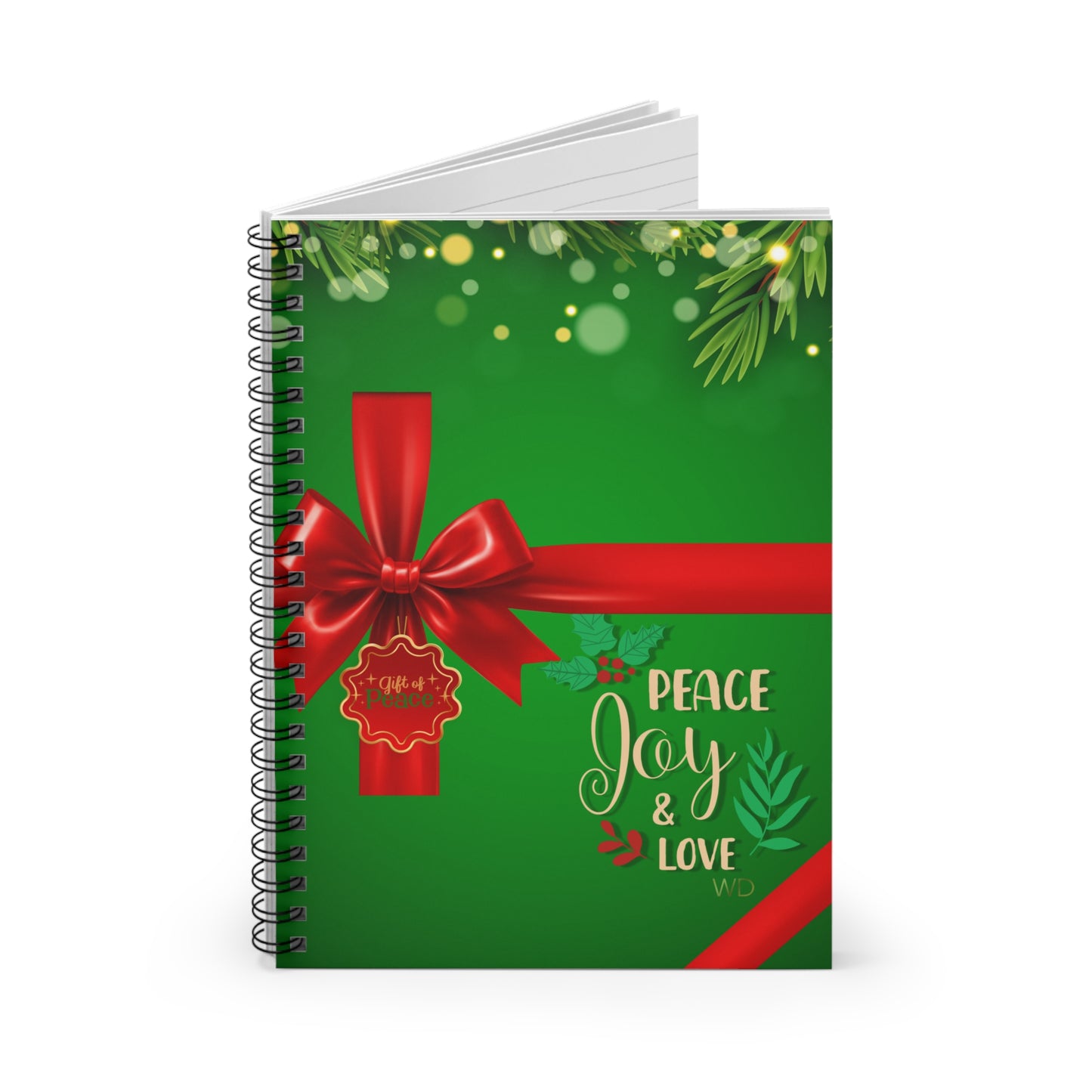 Holiday-themed notebook with a red bow and 'Peace Joy & Love' text on a green background