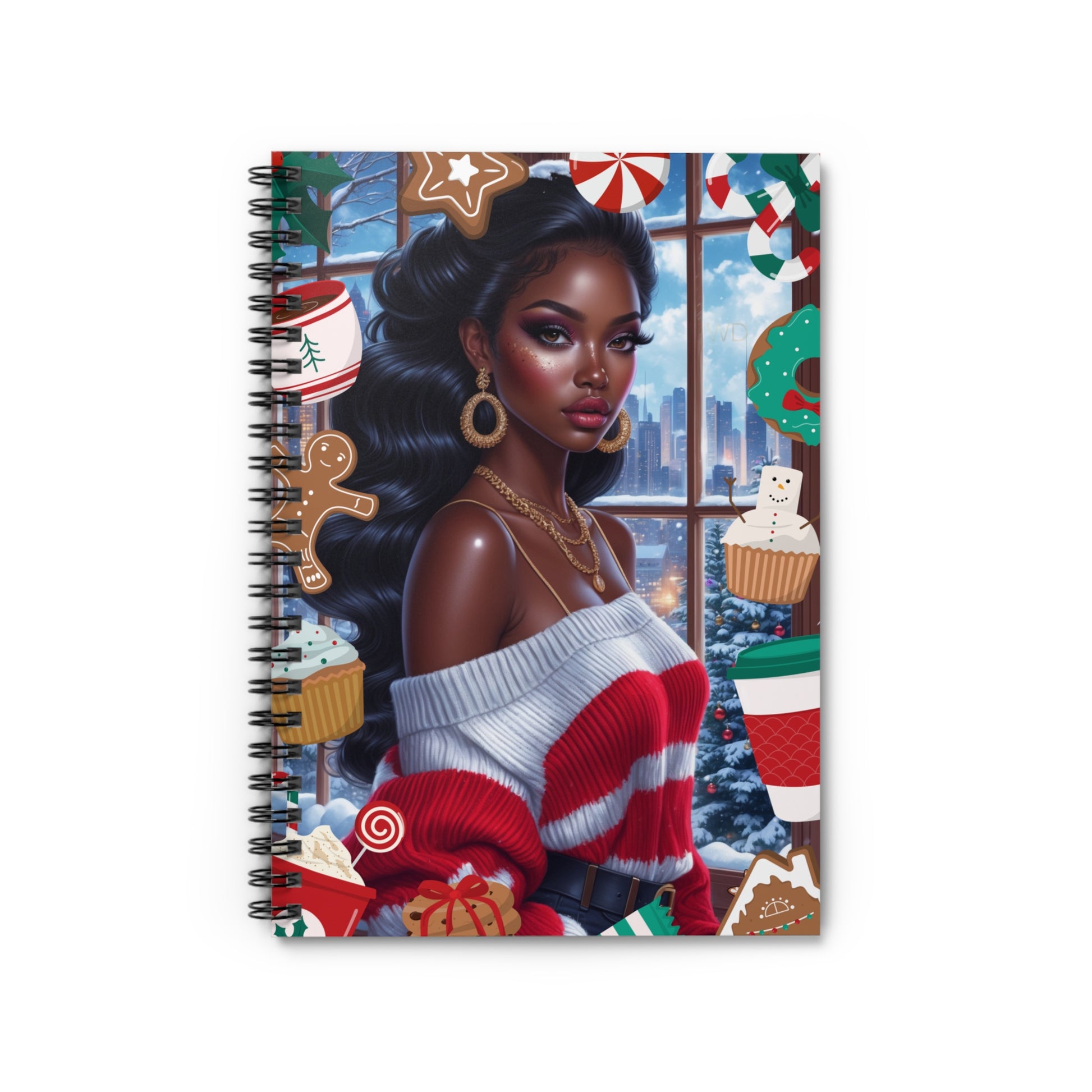 Notebook with a colorful design featuring a woman in a festive setting.