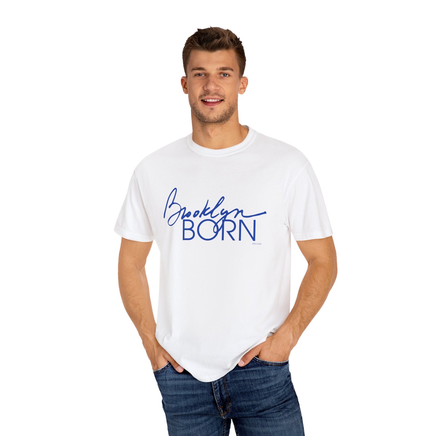 Brooklyn BORN (Blue Text) Unisex Garment-Dyed T-shirt