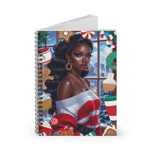 Notebook with a festive design featuring a woman in a cityscape with Christmas elements.