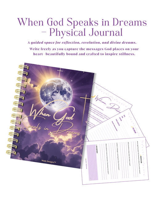 Journal titled 'When God Speaks in Dreams' with a moon and cross design on the cover, accompanied by printed pages.