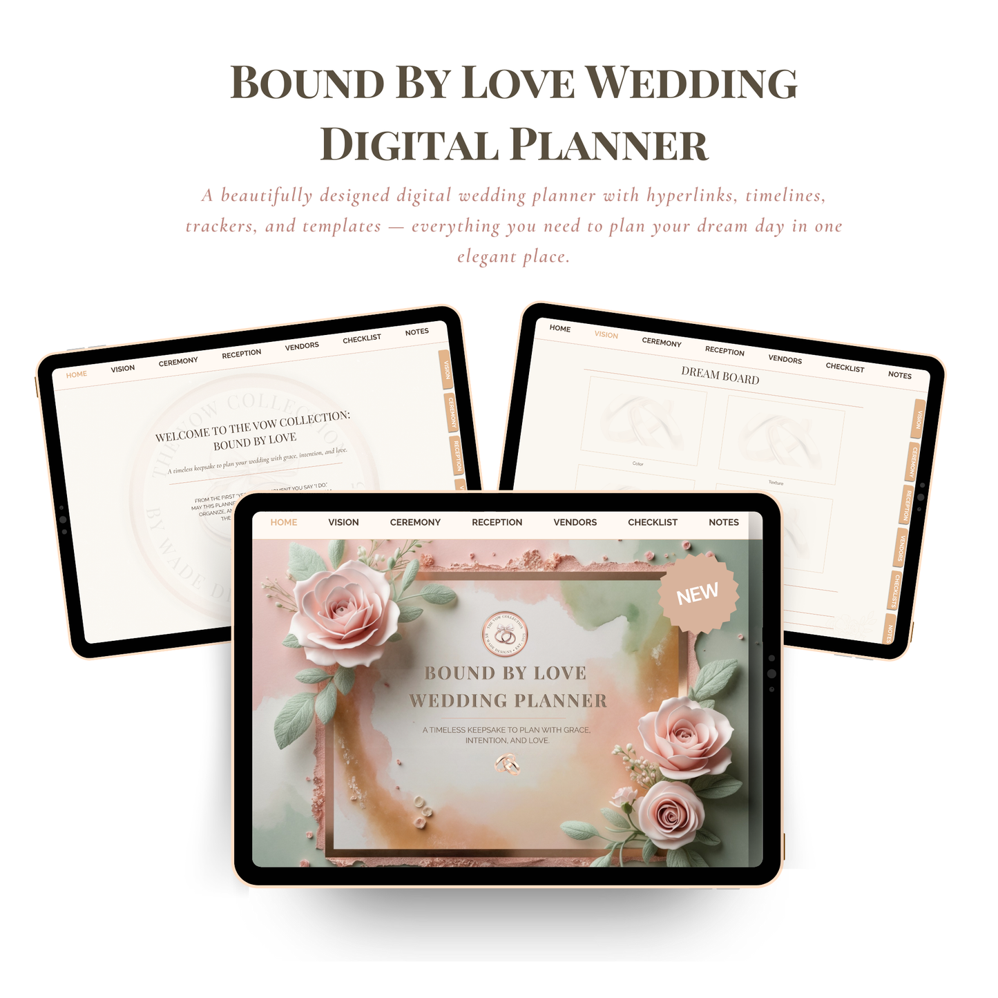 Digital wedding planner app interface with floral design on a white background