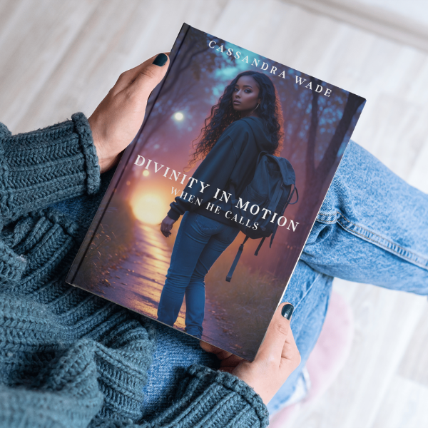Book titled 'Divinity in Motion When He Calls' by Cassandra Wade held by a person.