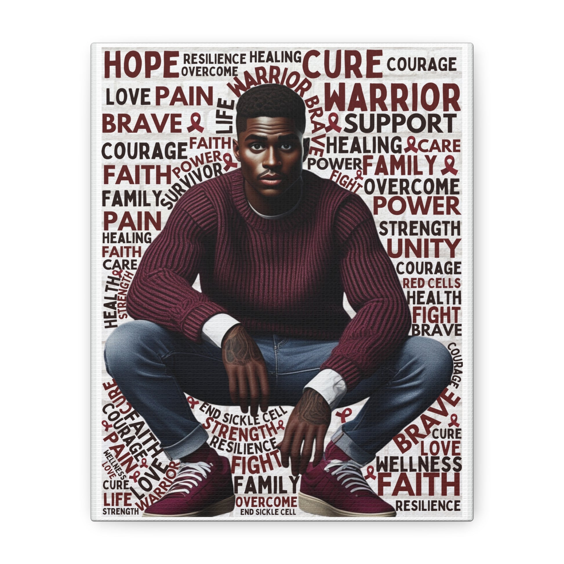 Man sitting on a rug with motivational words around him
