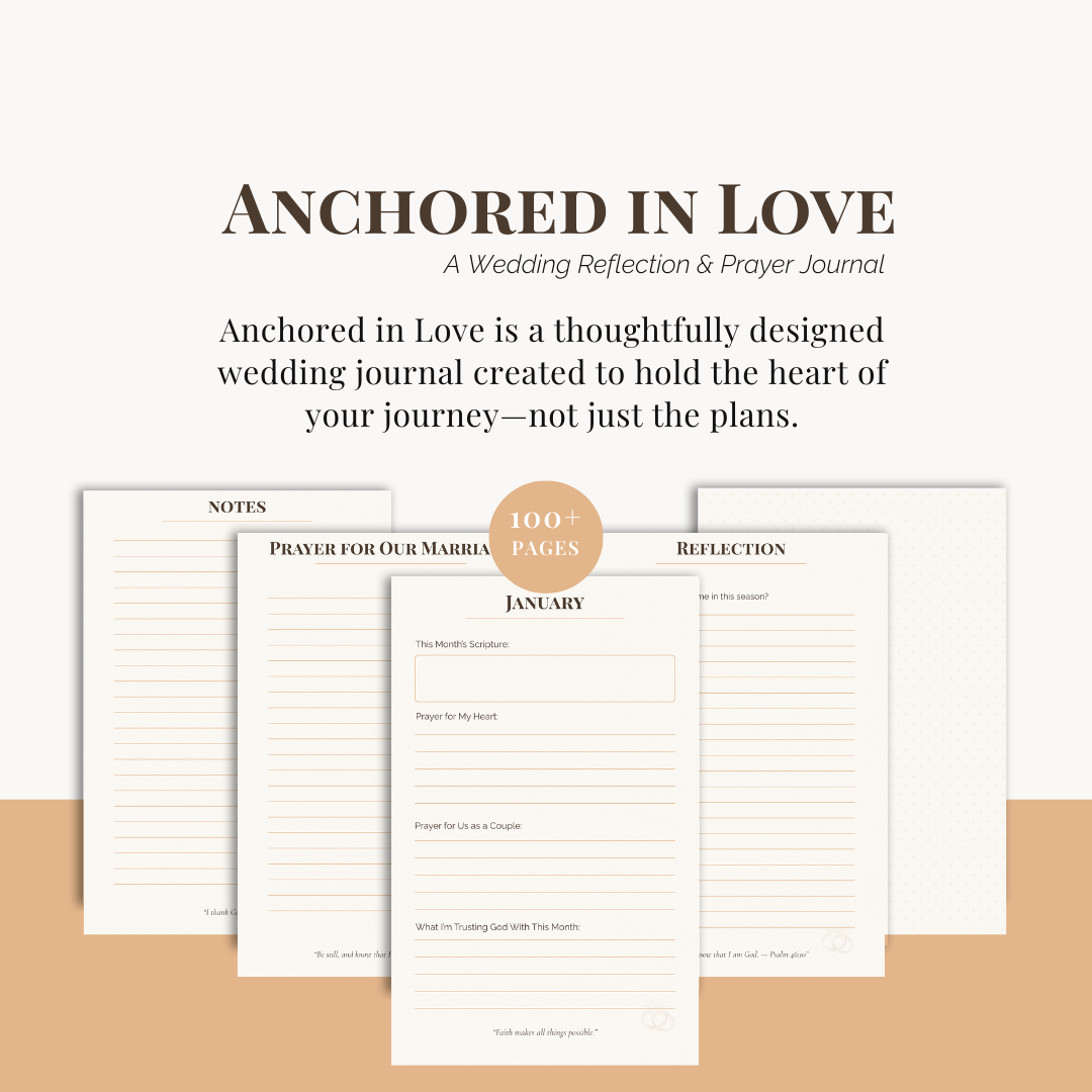 Wedding reflection and prayer journal with sample pages on a white background