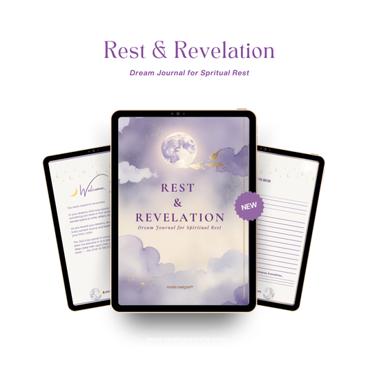 Dream journal titled 'Rest & Revelation' with a purple and white design on a white background.