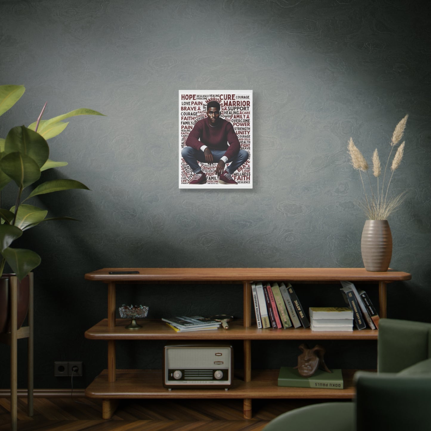 Poster of a man on a wall in a room with a shelf and books