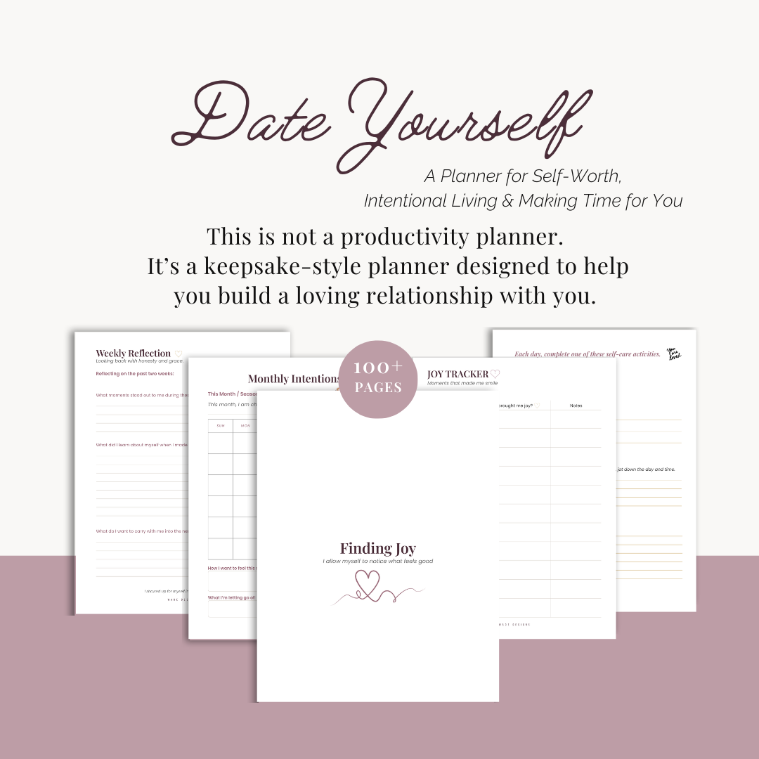 Planner for self-worth and relationship building with text 'Date Yourself' on a white background.