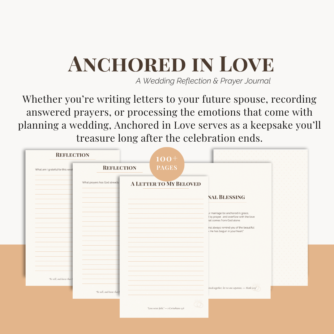 Wedding reflection and prayer journal titled 'Anchored in Love' with text and sample pages displayed.