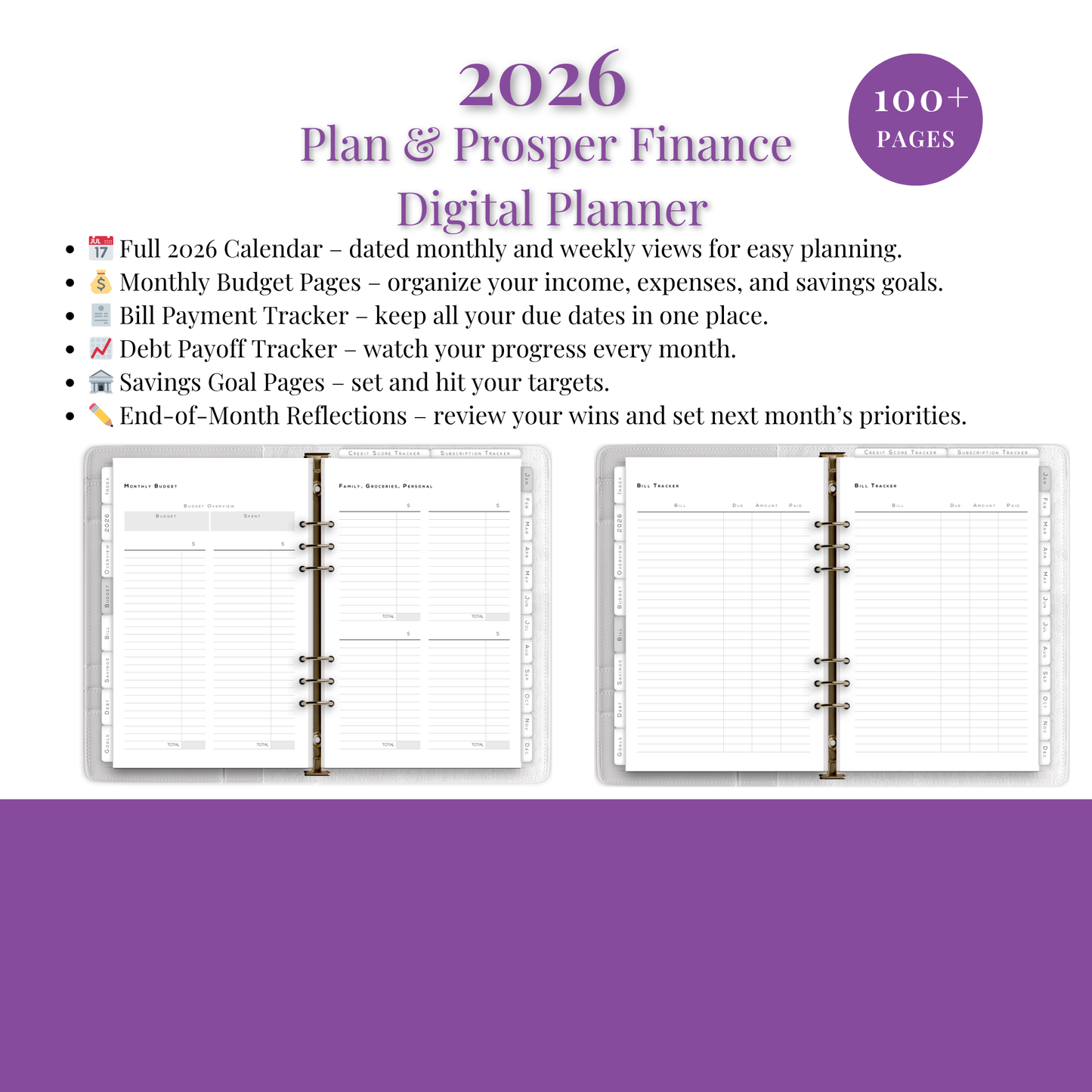 2026 Plan & Prosper Finance Digital Planner with open pages showing budget and payment tracking sections.