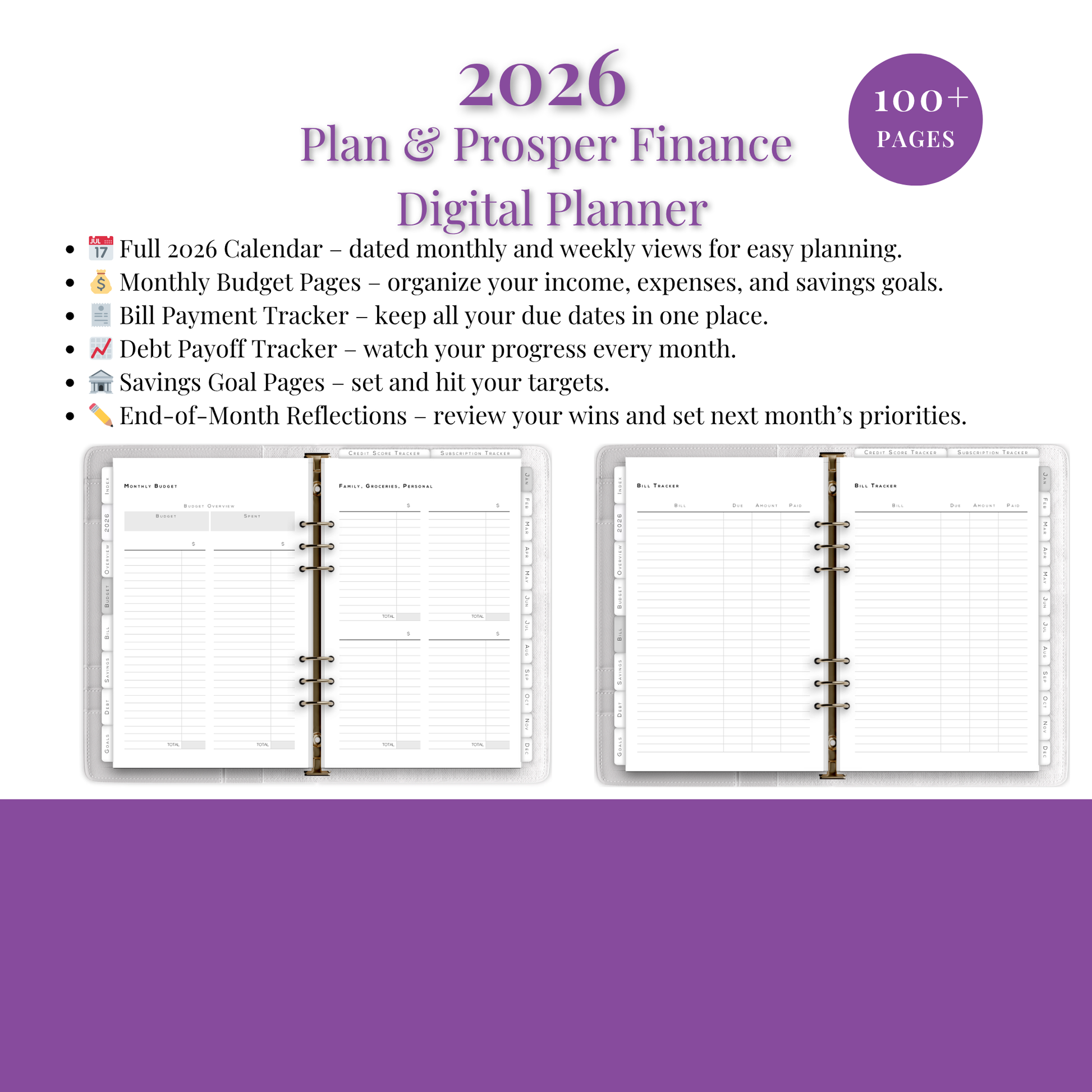 2026 Plan & Prosper Finance Digital Planner with open pages showing budget and payment tracking sections.