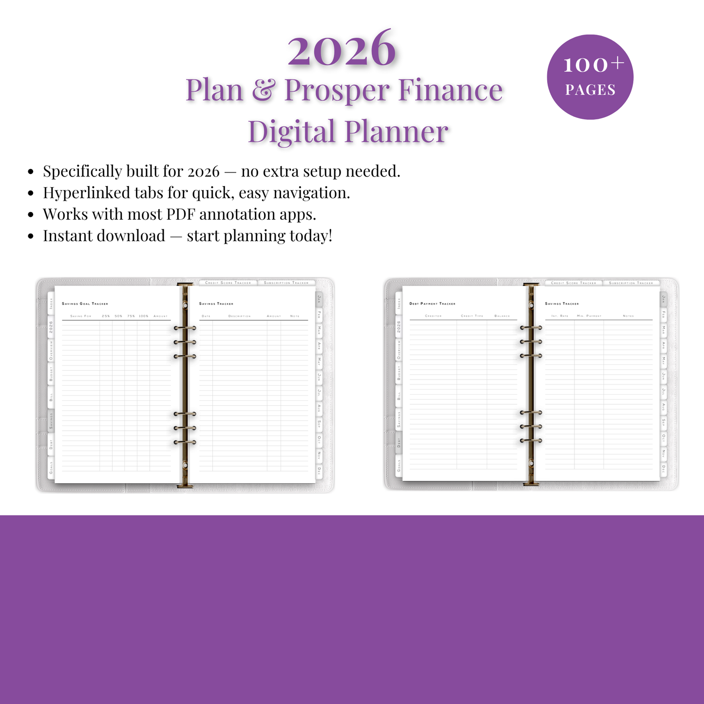 2026 Plan & Prosper Finance Digital Planner with open pages on a white background