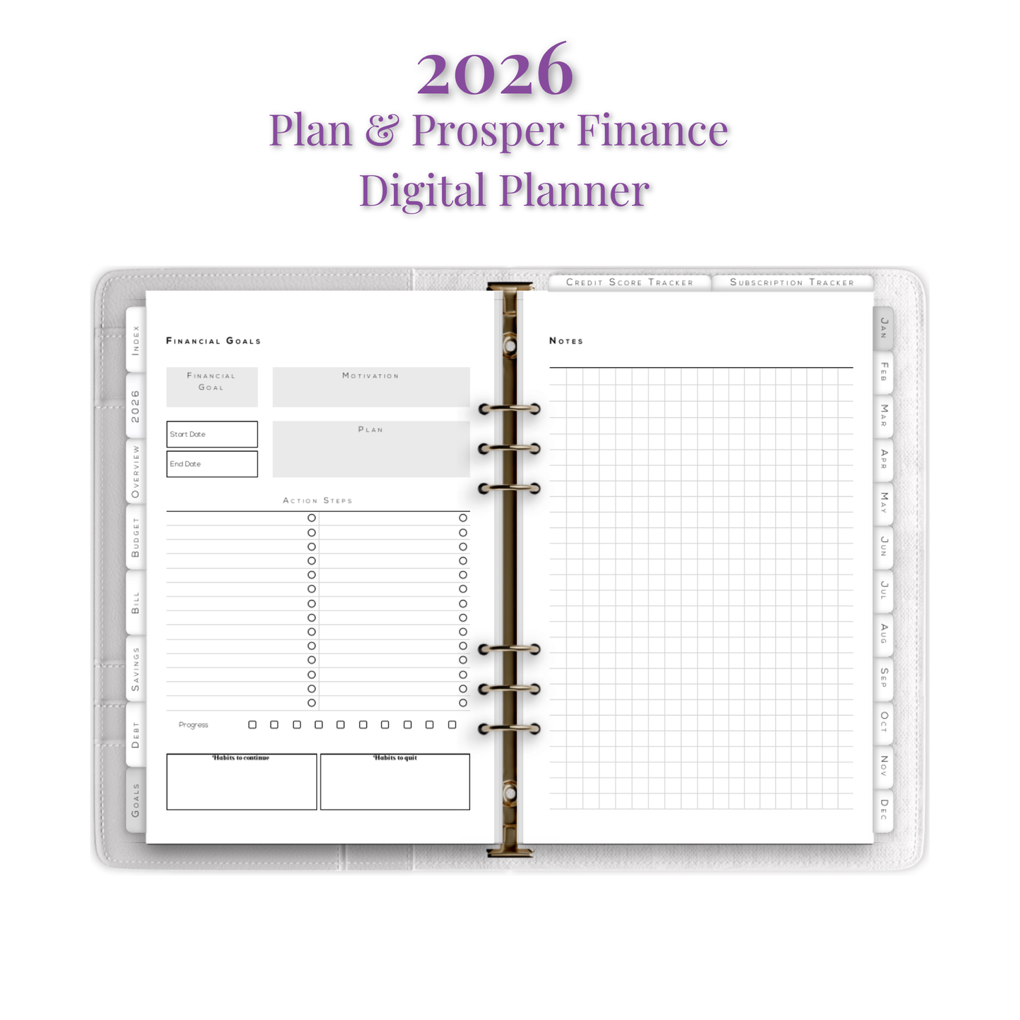 2026 Plan & Prosper Finance Digital Planner with clear cover on a white background