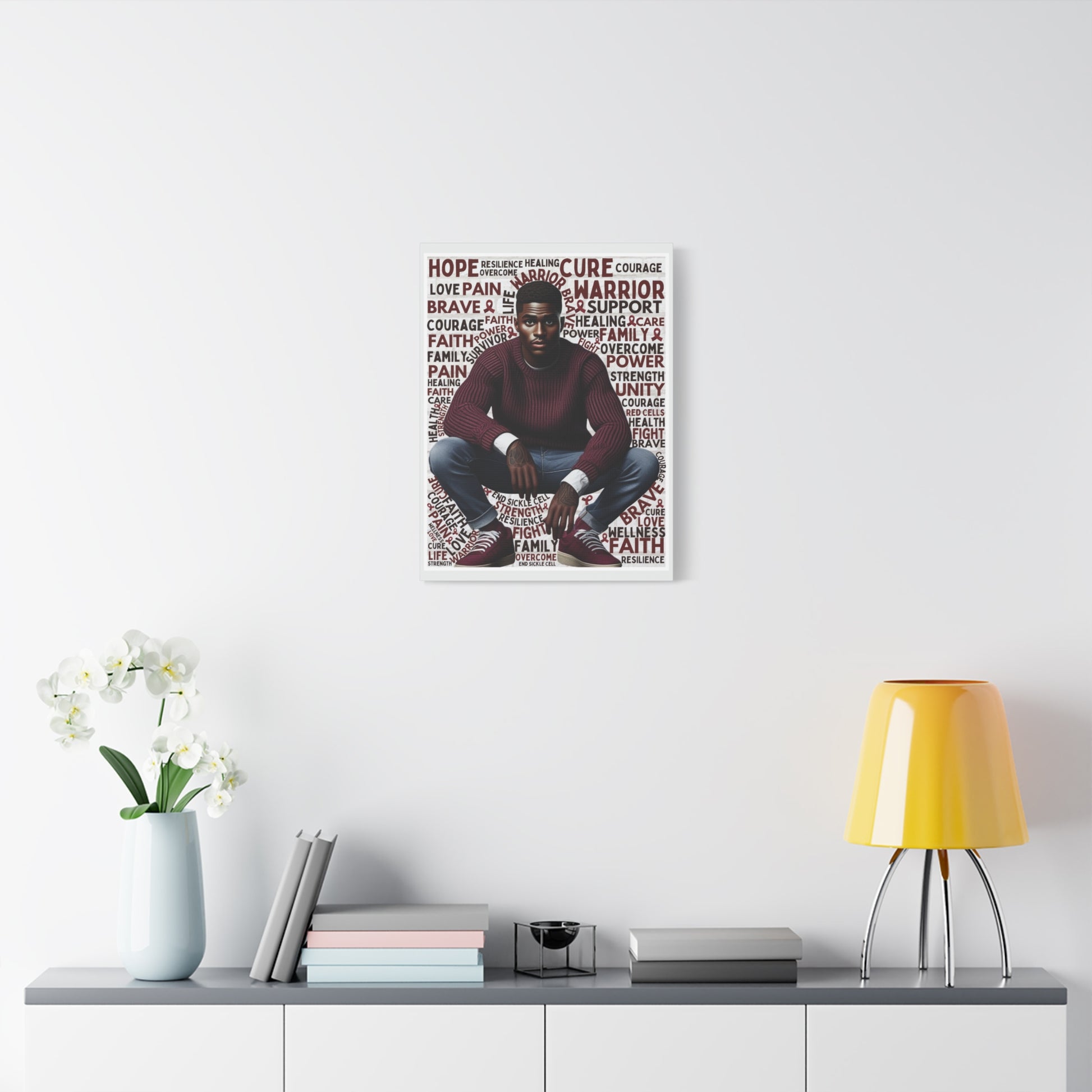 Framed poster of a person with motivational text on a wall above a shelf with decor items.