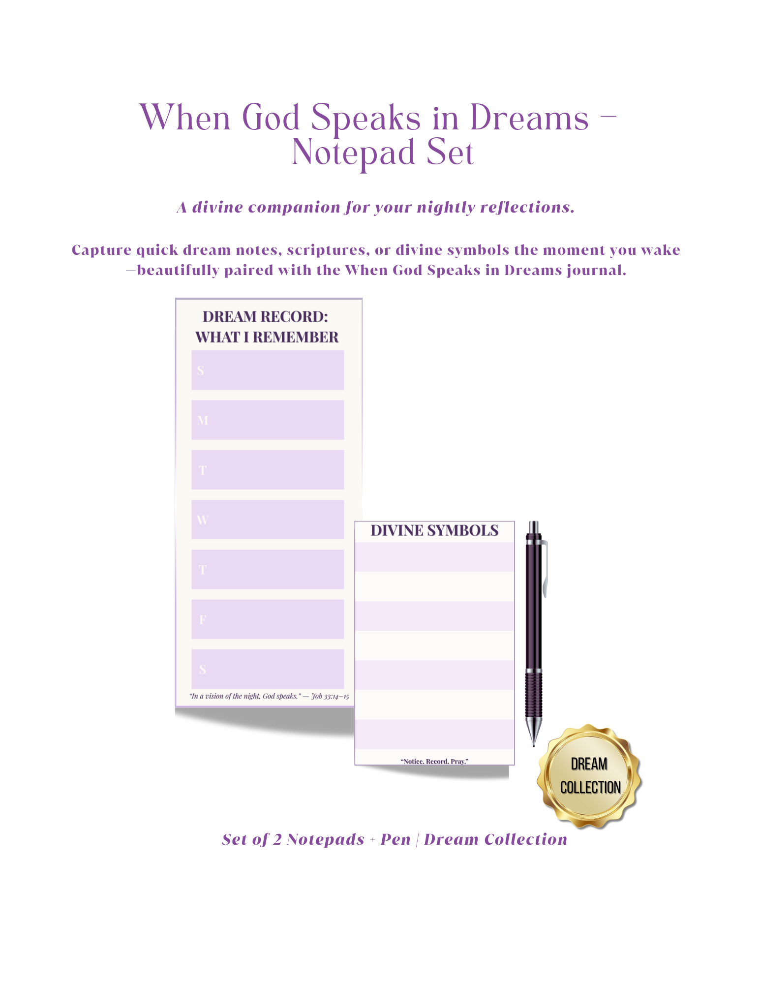 Notepad set with two notepads and a pen on a white background, featuring text about dreams and reflections.