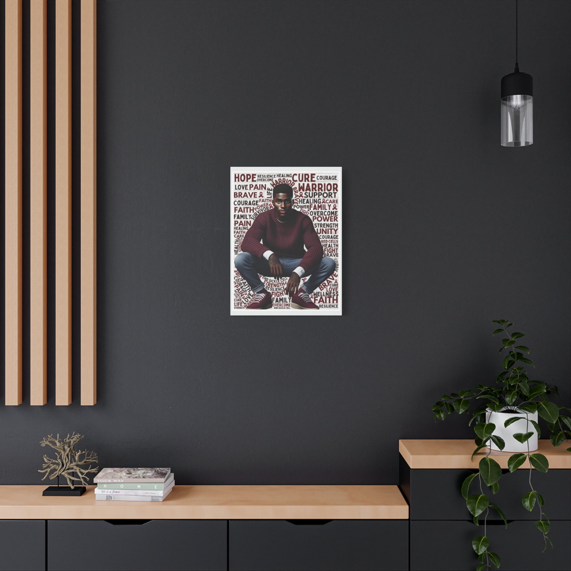 Poster of a person with motivational text on a dark wall above a wooden shelf.