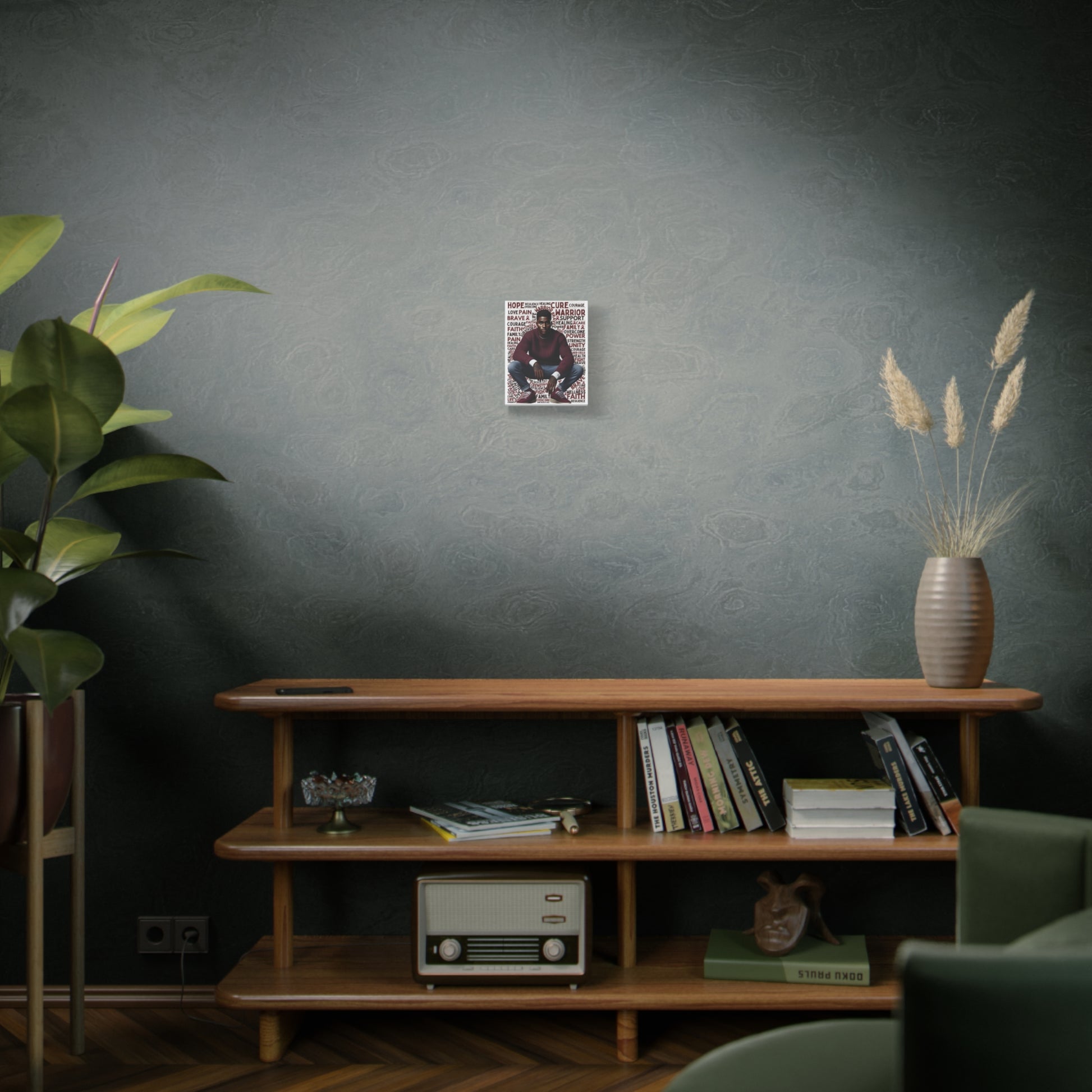 Nest living room with wooden shelf, books, plant, and decorative items against a dark wall.