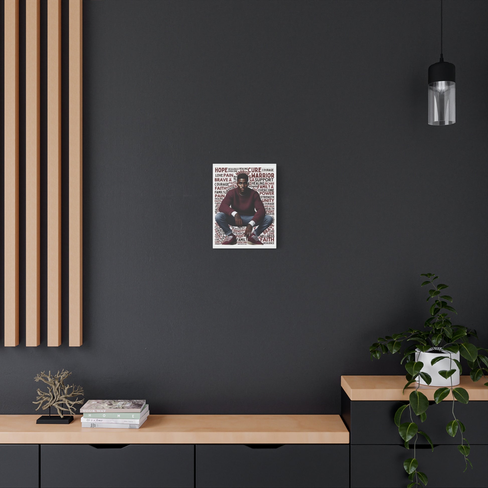 Poster of a person on a dark wall with wooden shelves and decor.