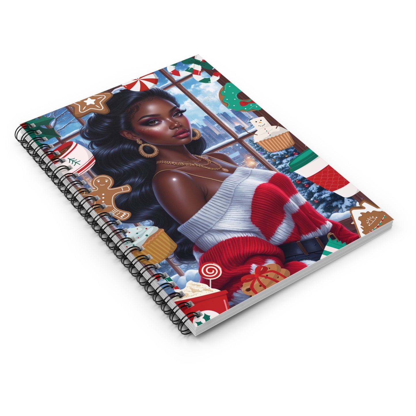 Notebook with a festive design featuring a woman and holiday elements on a white background