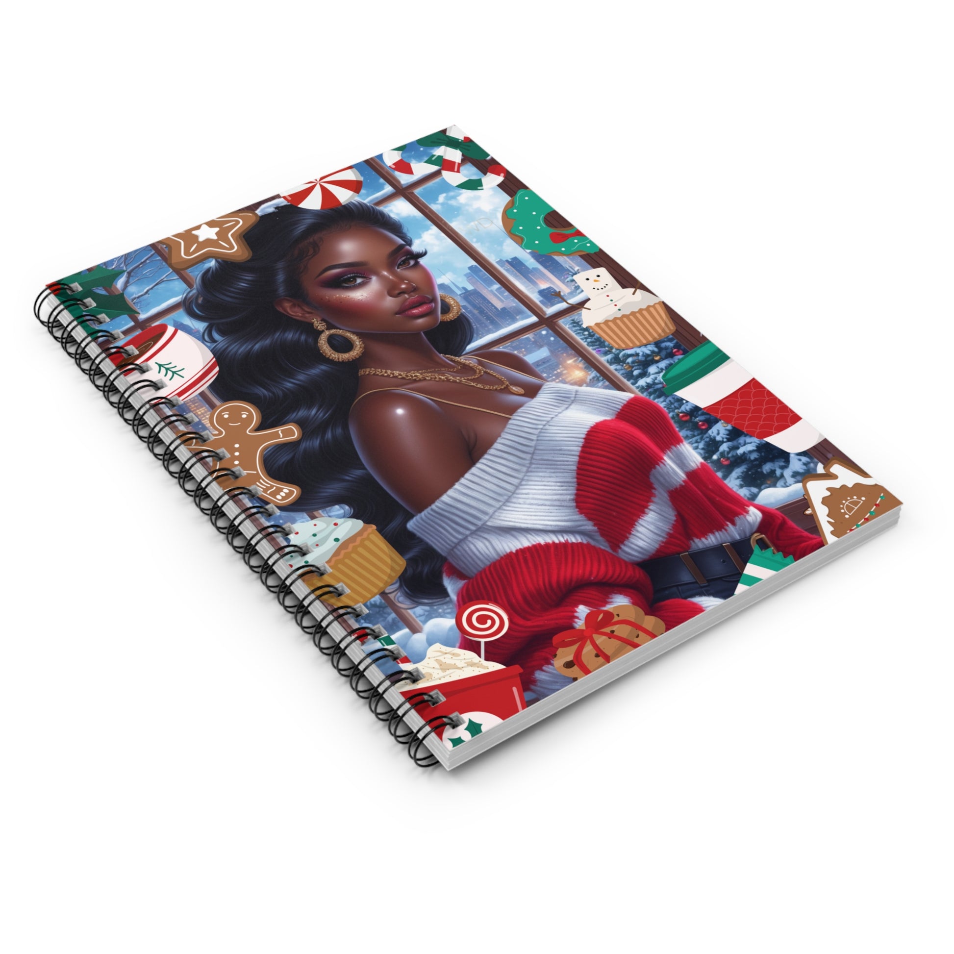Notebook with a festive design featuring a woman and holiday elements on a white background
