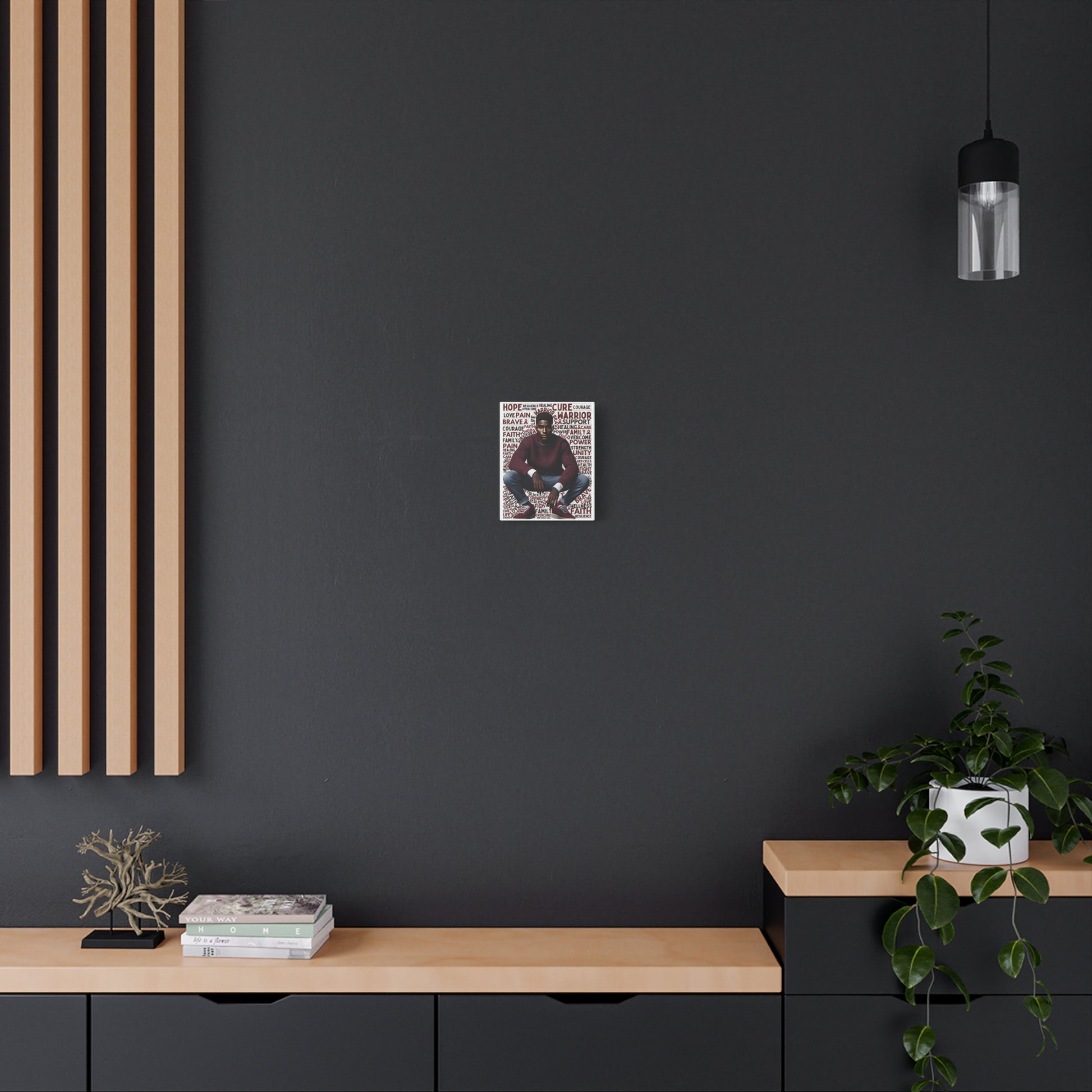 Modern interior with black wall, wooden shelves, and a small plant.