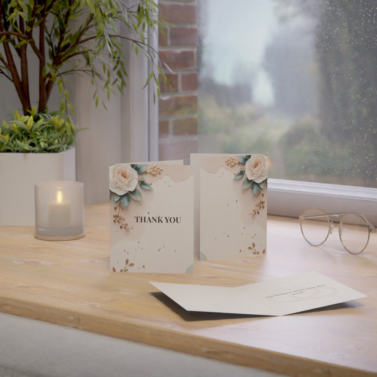 Two 'Thank You' cards on a wooden surface with a candle and glasses in the background.
