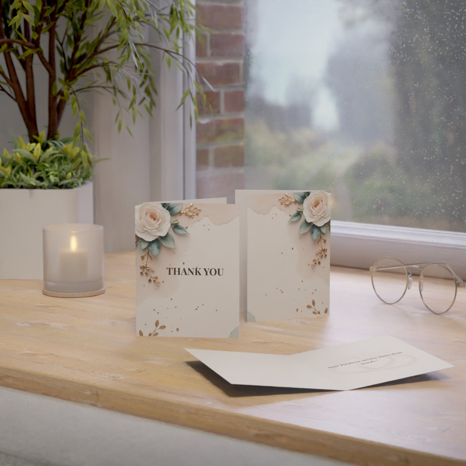 Two 'Thank You' cards on a wooden surface with a candle and glasses in the background.