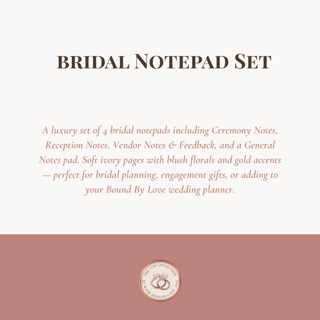 Bridal notepad set description with soft ivory pages and blush florals on a white background.