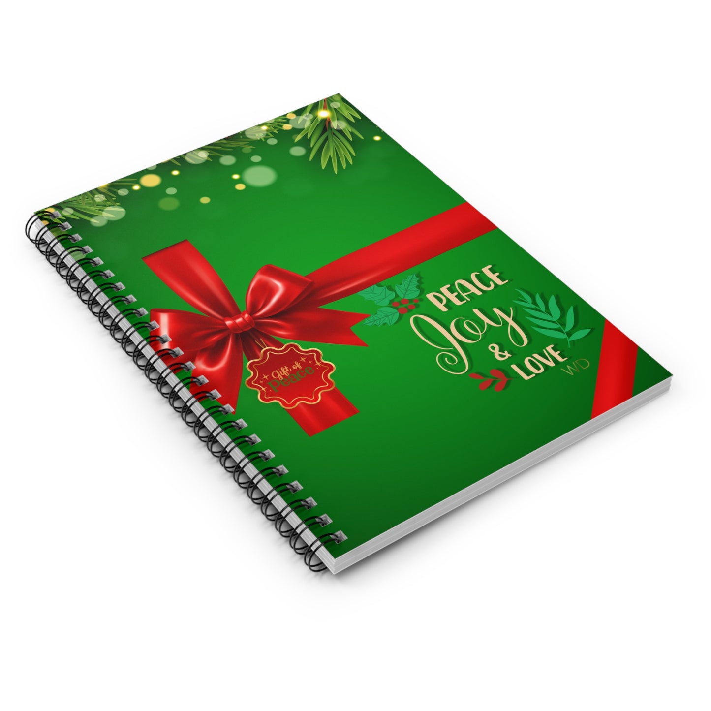 Green notebook with a red ribbon and 'Peace, Joy & Love' text on a white background