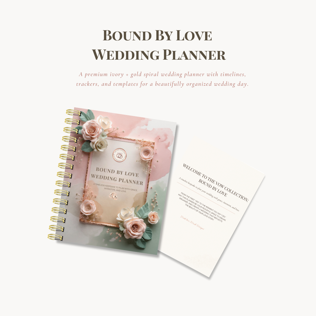 Wedding planner with floral design on cover and text 'Bound By Love Wedding Planner' on a white background.
