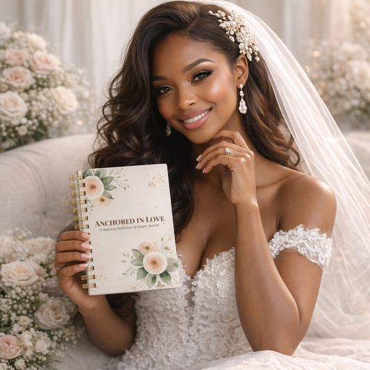 Bride holding a book titled 'Anchored in Love' with floral design, surrounded by flowers.