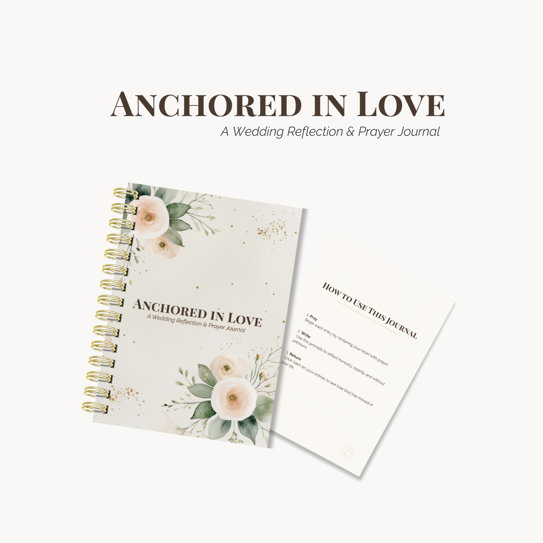 Wedding reflection and prayer journal titled 'Anchored in Love' on a white background