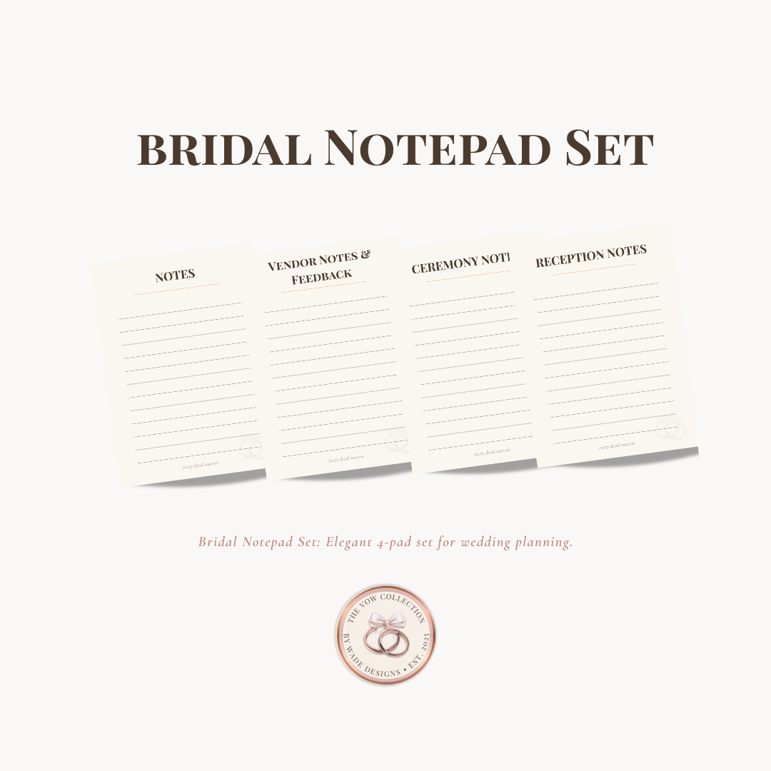 Bridal notepad set with labeled sections on a white background
