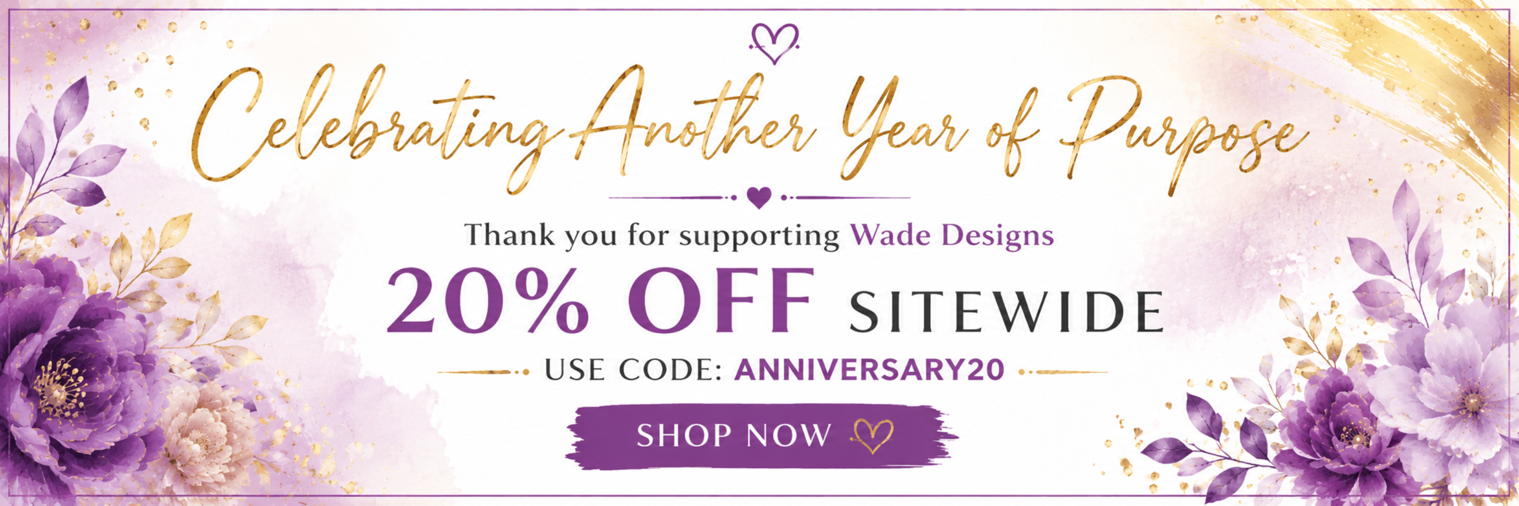 Promotional banner with floral design and text offering 20% off sitewide with a code.