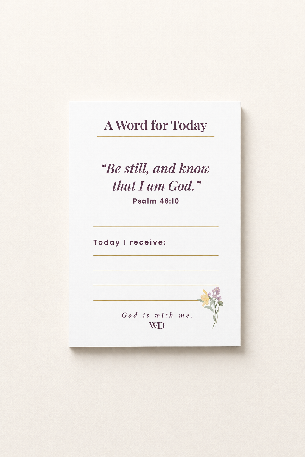 Notebook with inspirational quote and prayer journaling space on a beige background
