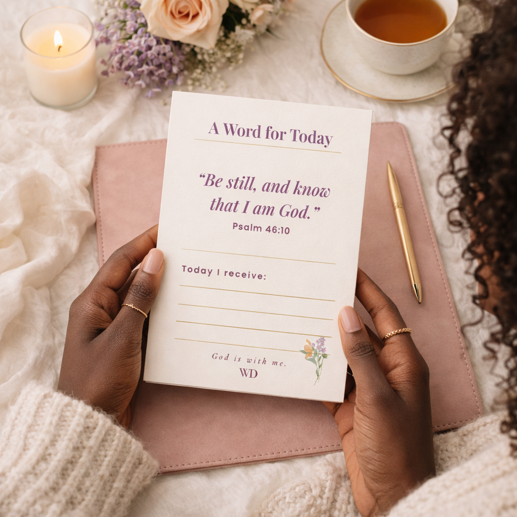 Person holding a prayer card with a cup of tea and flowers in the background