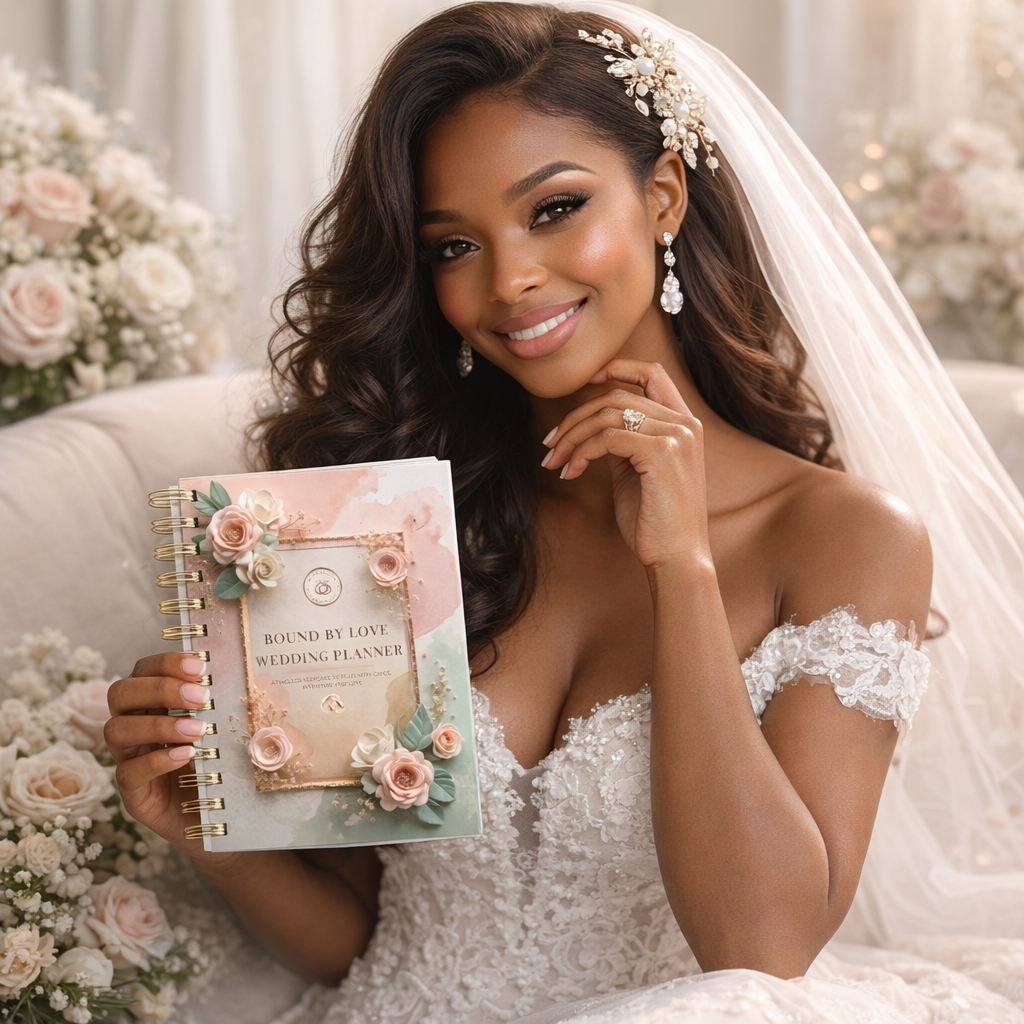 Bride holding a wedding planner book with floral design, surrounded by flowers and a soft background.