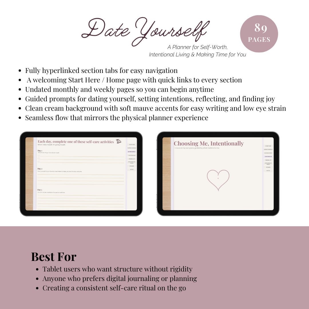 Product description of a digital planner titled 'Date Yourself' with tablet screenshots and features listed.