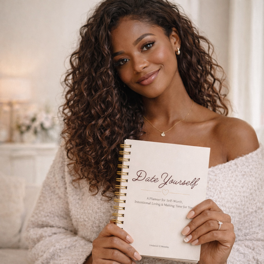 Woman holding a book titled 'Date Yourself' in a cozy indoor setting.
