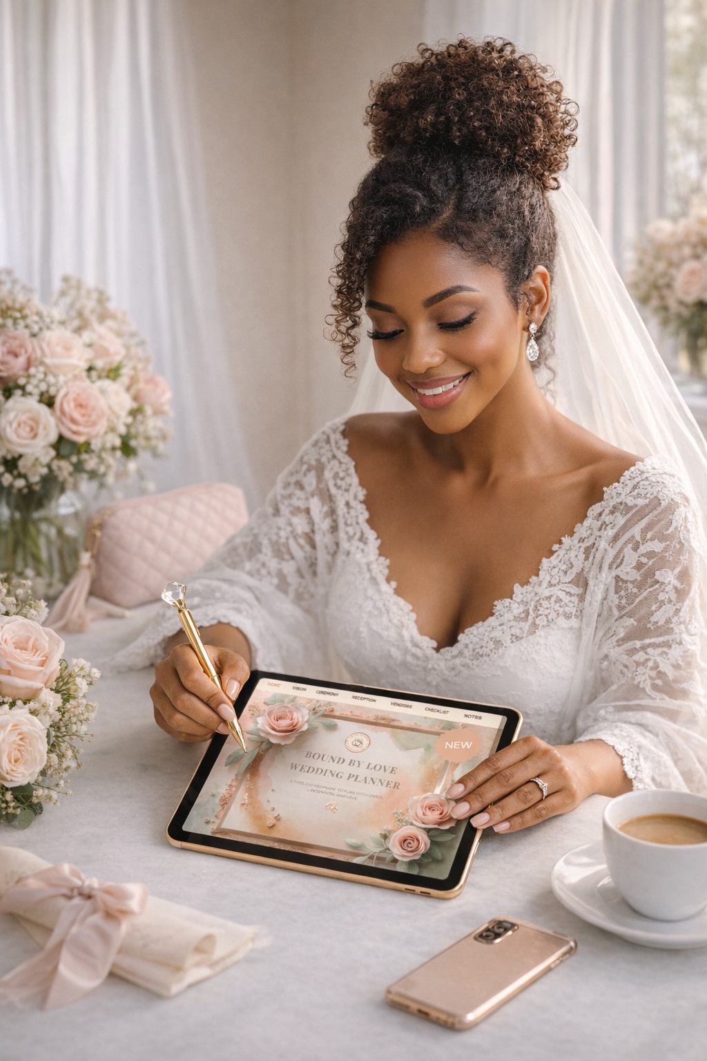 Woman in a wedding dress using a tablet with a floral design, surrounded by flowers and a cup of coffee.