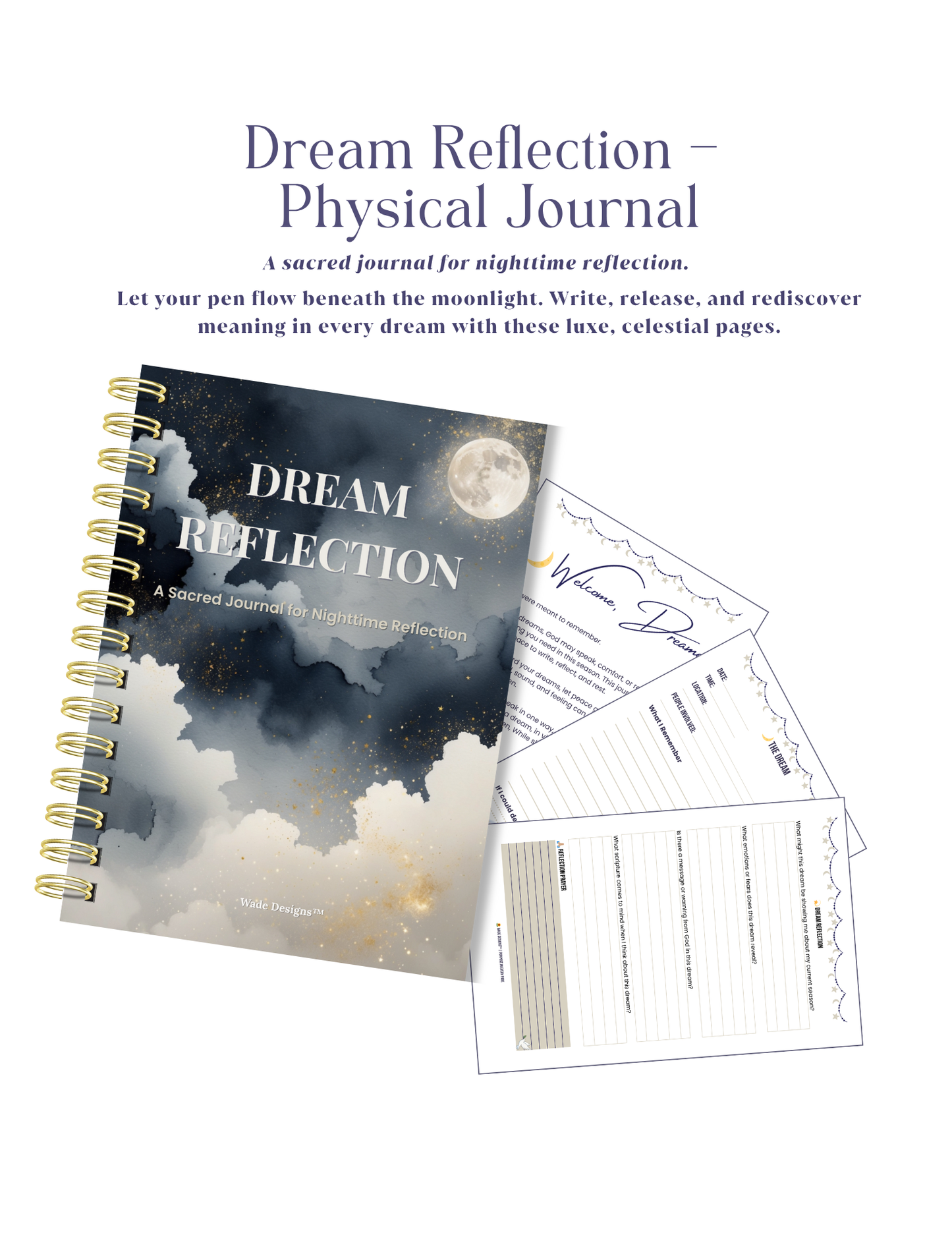 Dream Reflection physical journal with spiral binding and celestial design on cover