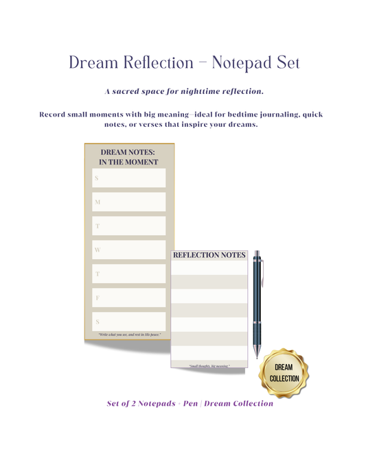 Dream Reflection notepad set with two notepads and a pen on a white background