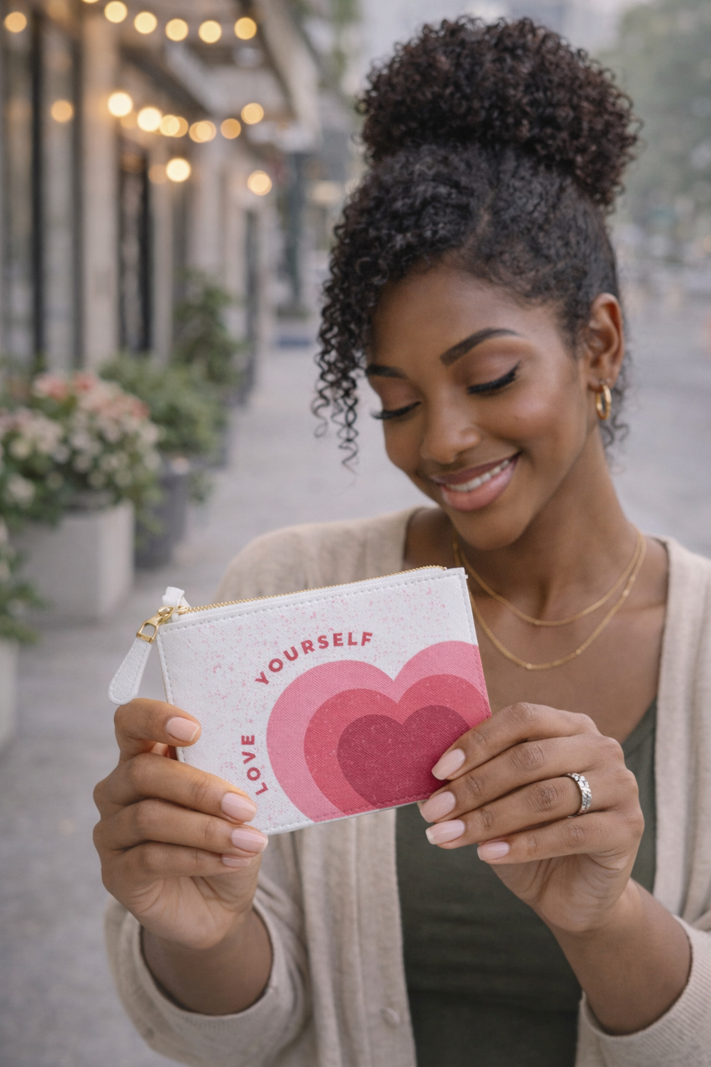 Woman holding a pouch with heart designs and text outdoors